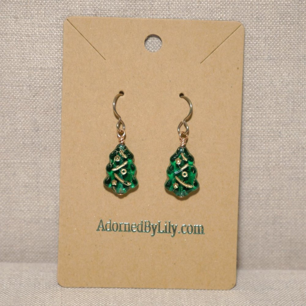 Hand Crafted Handmade Czech Glass Green Christmas Tree Earrings - Picture 2 of 4